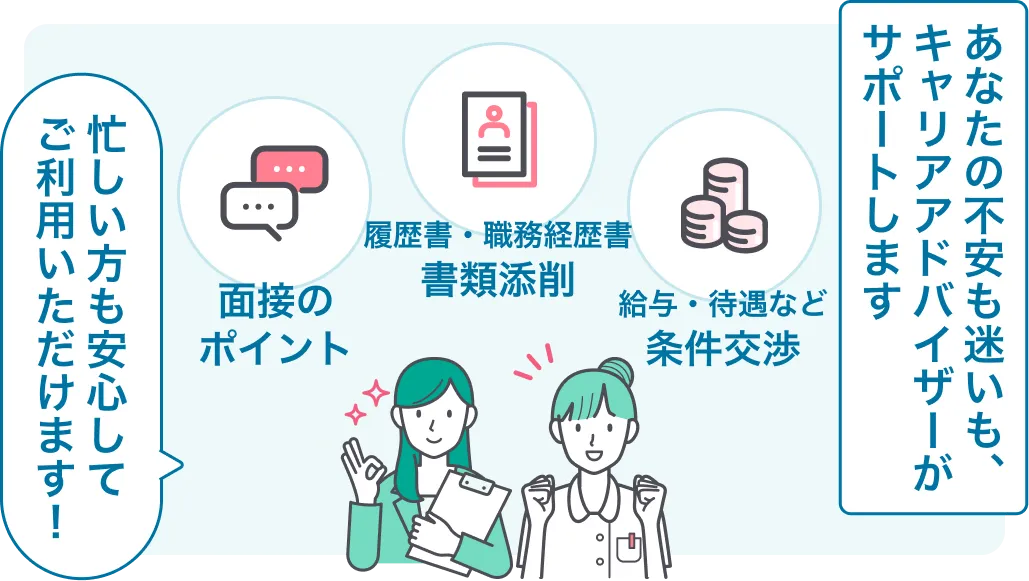 あなたの不安も迷いも、キャリアアドバイザーがサポートします　忙しい方も安心してご利用いただけます！
